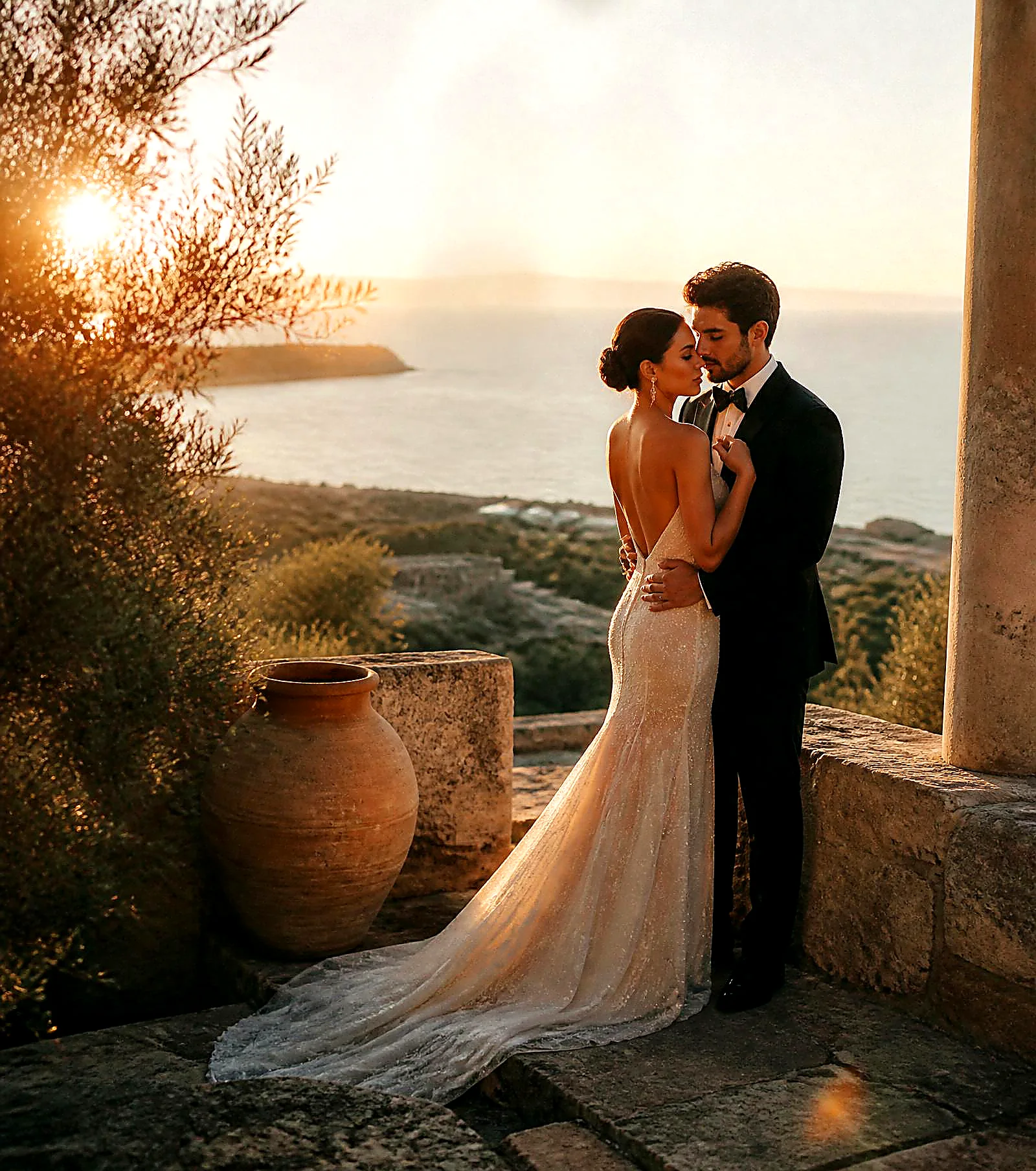A couple embracing at sunset on a Mediterranean terrace framed by olive trees, the sea beyond