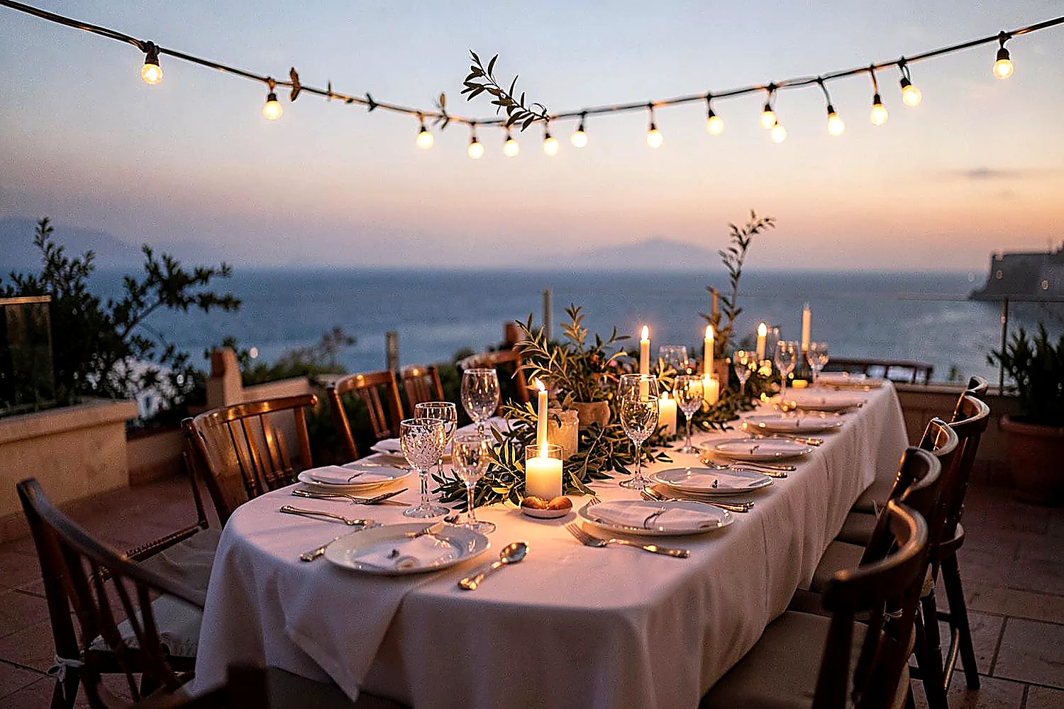 A long candlelit dining table set outdoors at dusk beneath string lights overlooking the sea