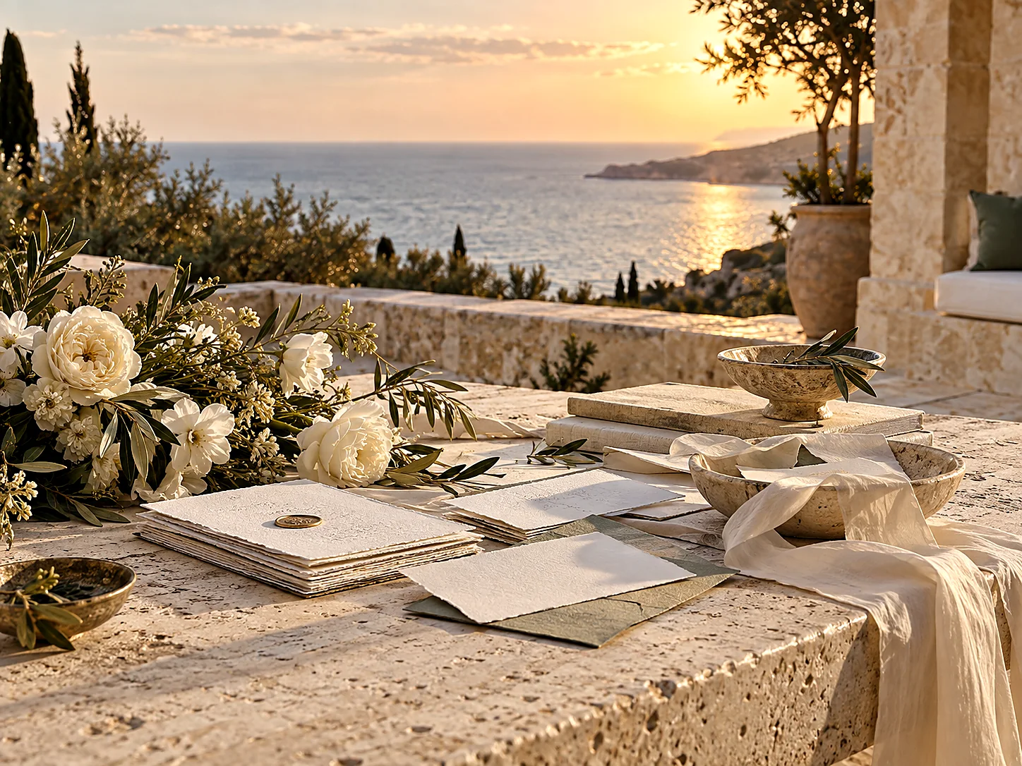 Handmade wedding stationery with a wax seal, white peonies and olive branches on a travertine table above the sea