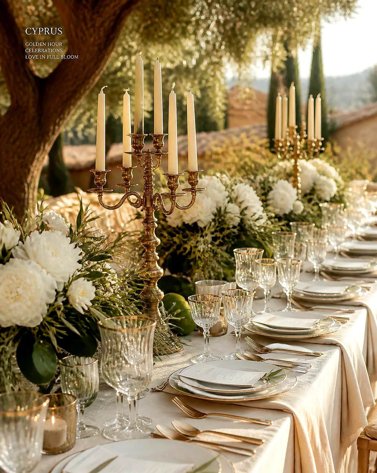 A wedding banquet table styled with white hydrangeas, tapered candles and cut crystal